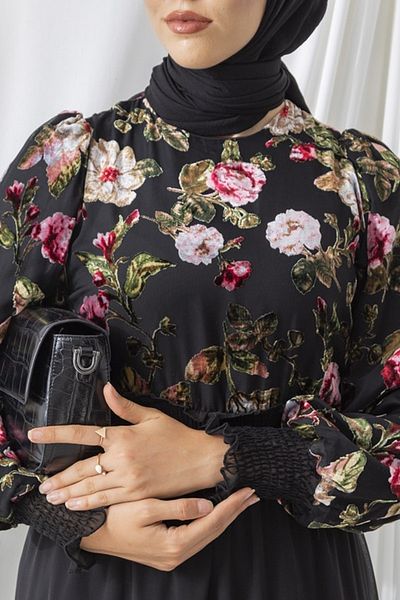vuvutasarım Women's Lined Chiffon Fabric Skirt with Floor Detail Velvet Textured Flower Patterned Black Hijab Evening Dress 5971