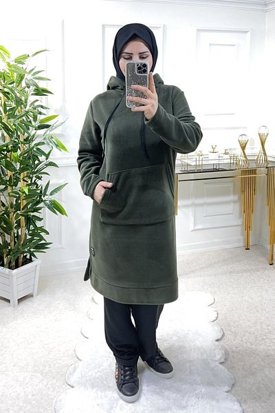 Aşkı Endam Plus Size Jade Thick Fleece Hooded Tunic - Khaki
