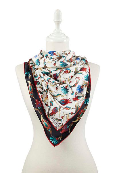 Bursa İpek Black Mint Turkish Motif Carnation Tulip Pattern Silky Scarf