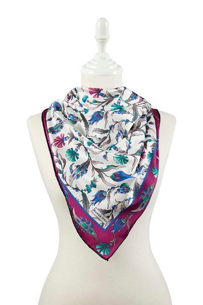Bursa İpek Purple Mint Turkish Motif Carnation Tulip Pattern Silky Scarf