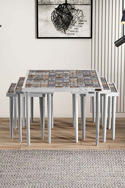 Resmo Esperanza 5'li Multi Zigon Sehpa Doğal Masif Seramik Zigon Yan Sehpa Salon Mobilya