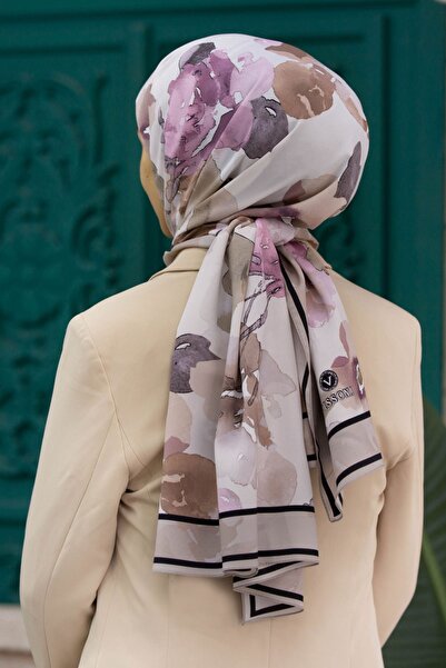 Vissona شال نسائي فاخر من حرير المدينة المنورة بيج - برقوق