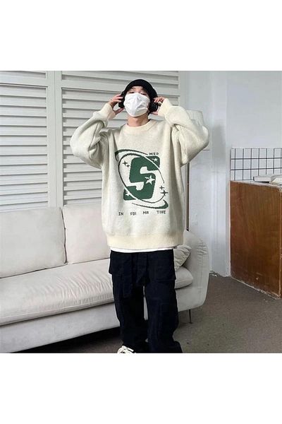 Touz Harajuku Vintage Niiss Boutique unisex pulover supradimensionat crem