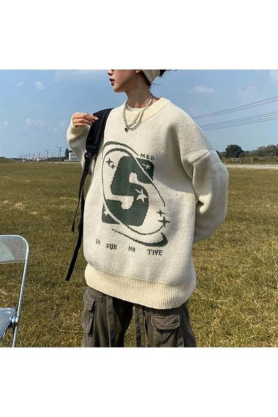 Touz Harajuku Vintage Niiss Boutique unisex pulover supradimensionat crem