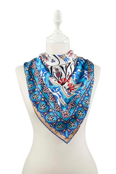 Bursa İpek Turquoise Tan Turkish Motif Çintemani Carnation Pattern Silky Scarf