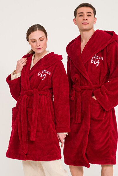 Miespiga Uzun Kapüşonlu Welsoft Bordo Peluş Sabahlık Aile Seti