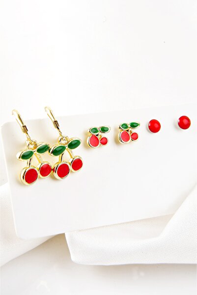 EUROMODA Kiraz Tasarımlı Kırmızı Top Küpeli Vidalı Ve Kancalı Kirazlı Gold Re...