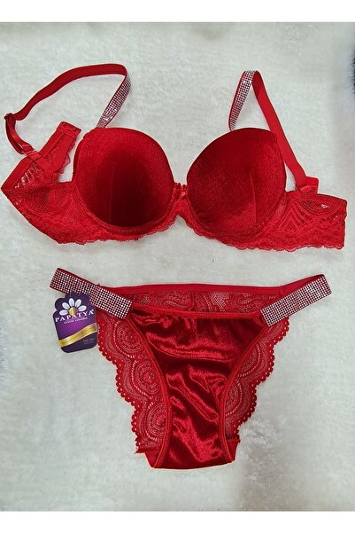 Papatya Kadın Kırmızı Destekli Kadife Sütyen Takımı