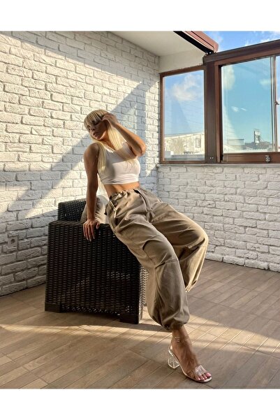 Touz Παντελόνι σε κρεμ χρώμα Tactical Gabardine, ελαστικό, φαρδύ και χαλαρό σε στυλ streetwear