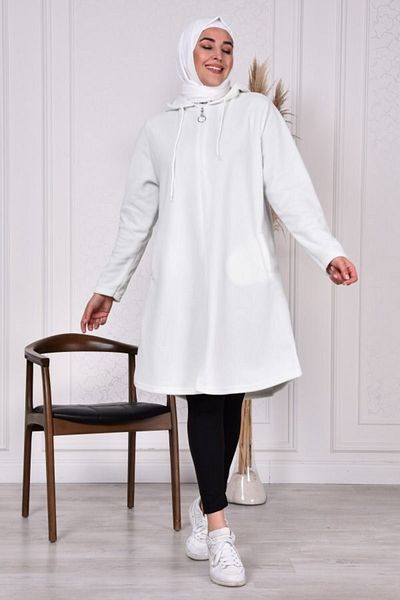 Aşkı Endam Plus Size Hooded Zippered Fleece Cap - Ecru