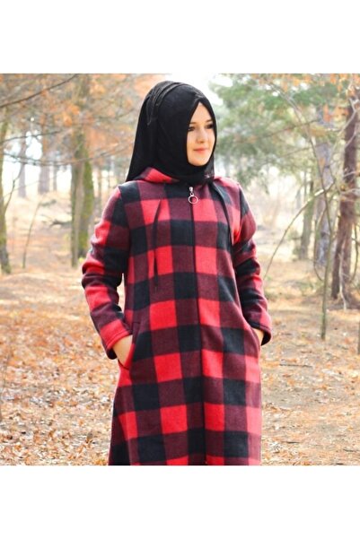 Aşkı Endam Plus Size Hooded Zippered Fleece Cap - Red Plaid