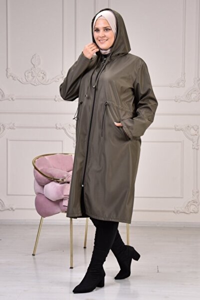Aşkı Endam Women's Large Size Double Sleeve Waterproof Bondit Hooded Trench - Khaki