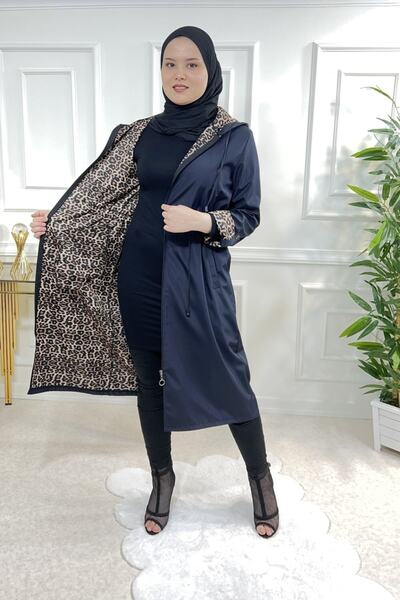 Aşkı Endam Двобортний тренч з капюшоном і леопардовим принтом на рукавах - темно-синій