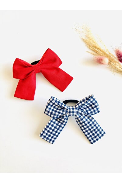 seyranat 2-Piece Red and Blue Gingham Patterned Elastic Bow Fabric Baby Kids ...