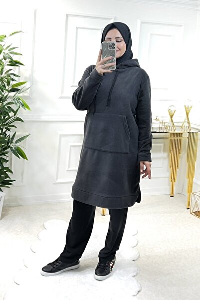 Aşkı Endam Plus Size Jade Thick Fleece Hooded Tunic - Anthracite