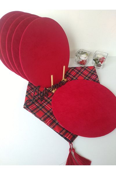 Ayşemce New Year's Placemat Set with 6 Red Plates, Red Plaid Patterned Runner New Year