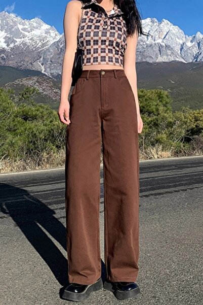 Gofeel Charmy Street  Kahverengi Bol Paça Jean Palazzo Wide Leg Kot Pantolon