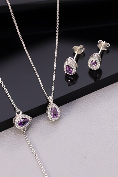 Miavi Silver 925 Ayar Gümüş Ametist Taşlı Damla Set