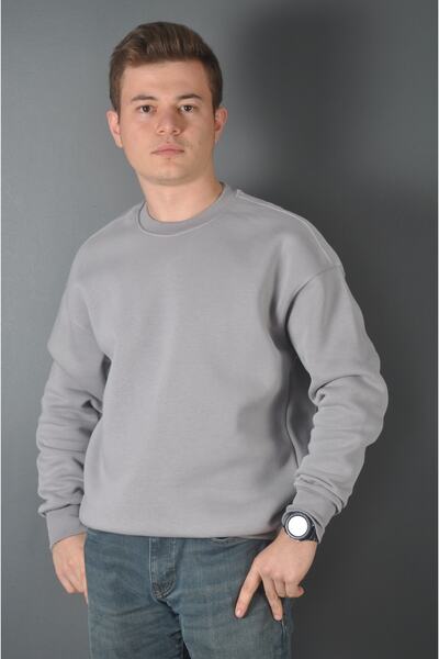 Erkek Oversize Fit Bisiklet Yaka Basic Pamuklu Sweatshirt