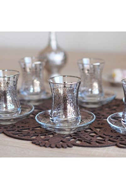 Elen Hediyelik Selçuklu Desenli Kulplu Çay Seti Gümüş