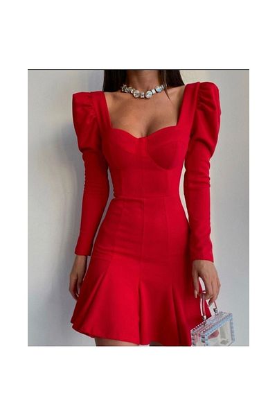 BERİ BUTİK Rochie roșie cu mânecă prințesă