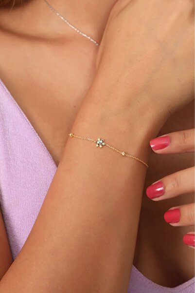 KAR DİAMOND 925 Ayar Gümüş Altın Kaplama Mix Taşlı Toplu Kar Tanesi Bileklik