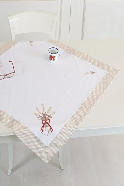 ÖDEL HOME مفرش طاولة بني حليبي مطرز باللافندر مقاس 90x90 سم