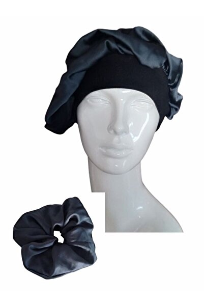 Elvinege Aksesuar Antrasit Renk Saten Saç Bonesi Ve Büyük Boy Simit Toka Seti