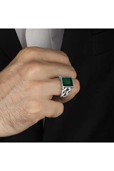 MODERN TAKI Yeşil Akik 925 Ayar Erkek Gümüş Yüzük