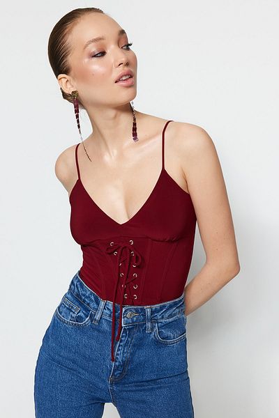 Trendyol Collection Weinroter Strickbody mit Druckknopf TPRSS23BD00018