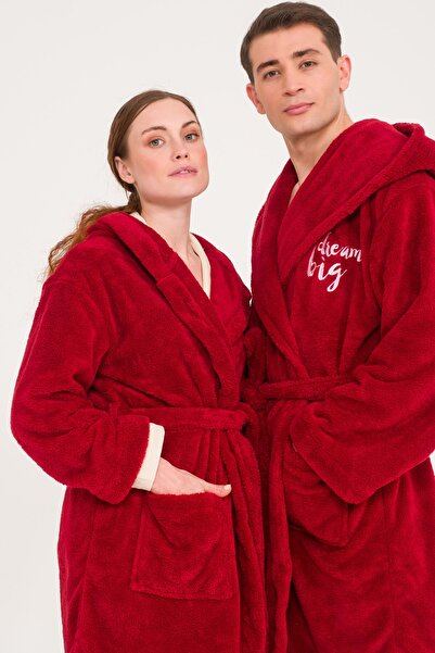 Miespiga Uzun Kapüşonlu Welsoft Bordo Peluş Sabahlık Aile Seti