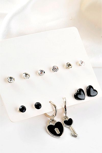 EUROMODA Key and Heart Designed Black Colored Single Stone Earrings Set of 12
