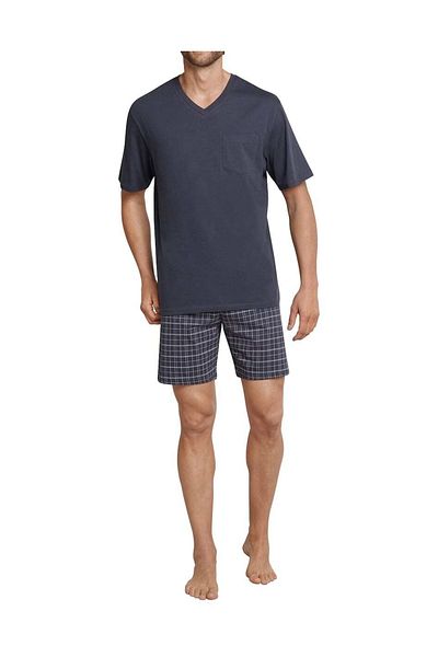 Schiesser Herren Schlafanzug Set - 2-tlg., Shorty, kurz, V-Ausschnitt, uni/Karo