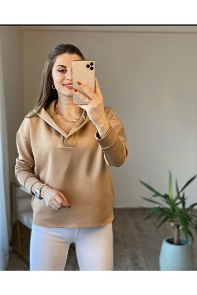 TLG GİYİM Дамски суичър с поло яка и качулка