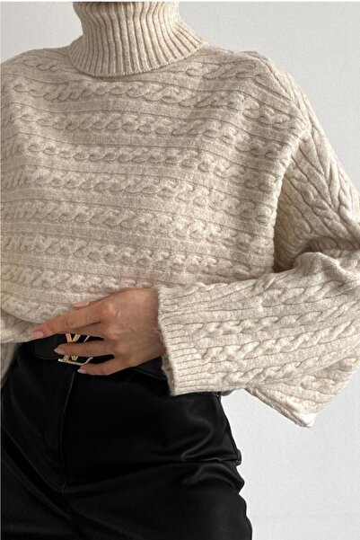 FEMELLE Női bézs garbós pulóver denevér ujjú pulóver