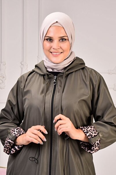Aşkı Endam Women's Large Size Double Sleeve Waterproof Bondit Hooded Trench - Khaki