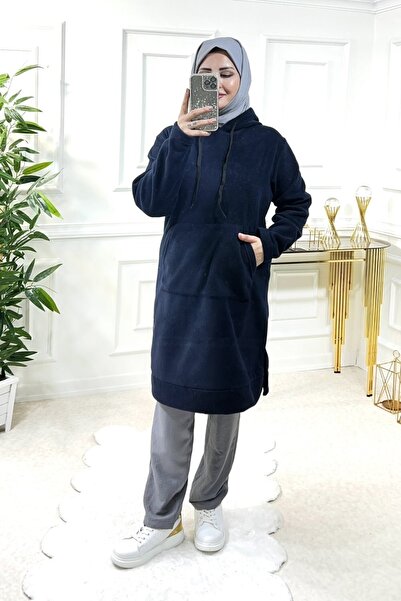 Aşkı Endam Plus Size Jade Thick Fleece Hooded Tunic - Navy Blue