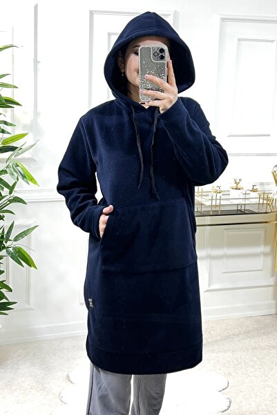 Aşkı Endam Plus Size Jade Thick Fleece Hooded Tunic - Navy Blue