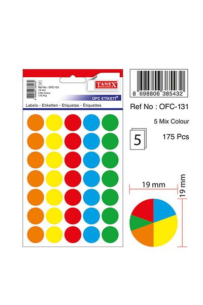 Tanex Office Label With Bag Round 19 Mm Mix Color Ofc-131