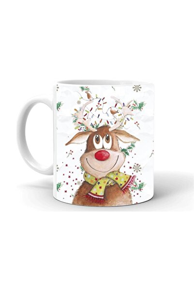 Kumbara Hediyelik New Year Christmas Themed Printed Ceramic White Mug