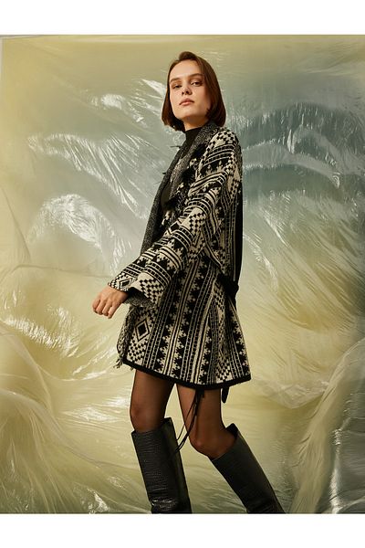 Koton Feather Detailed Belted Oversize Cardigan