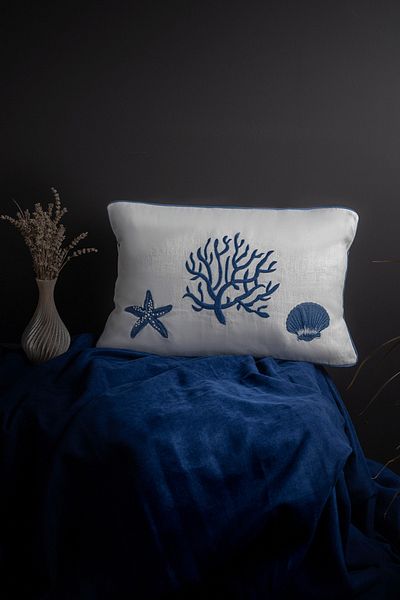 Minelya Home Collection Husă de pernă de in cu tematică Coral, Steaua de Mare și Scoici Marine