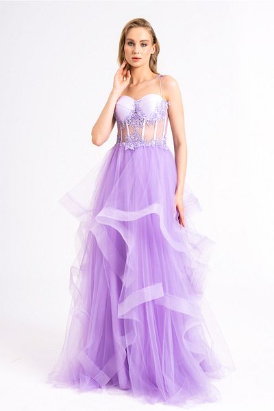 Lenta Moda Women's Lilac Bead Embroidered Lace Detailed Green Evening Dress