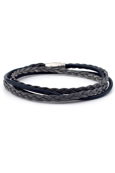 Solfera Gray Navy Blue Two Rows Wrap Knitted Leather Men's Bracelet M008a