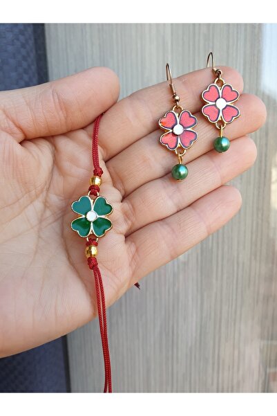 Pinkimaj Red Green Clover Lucky Bracelet Earring Set
