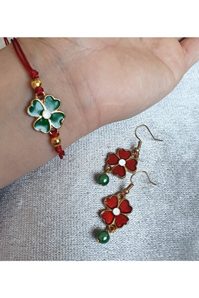 Pinkimaj Red Green Clover Lucky Bracelet Earring Set