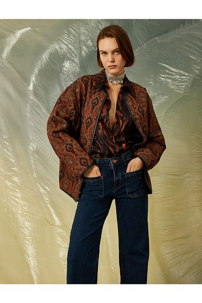 Koton Ethnic Patterned Buttoned Round Collar Jacket