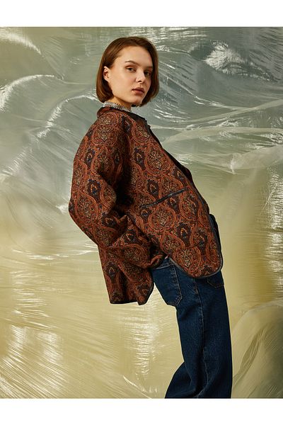 Koton Ethnic Patterned Buttoned Round Collar Jacket