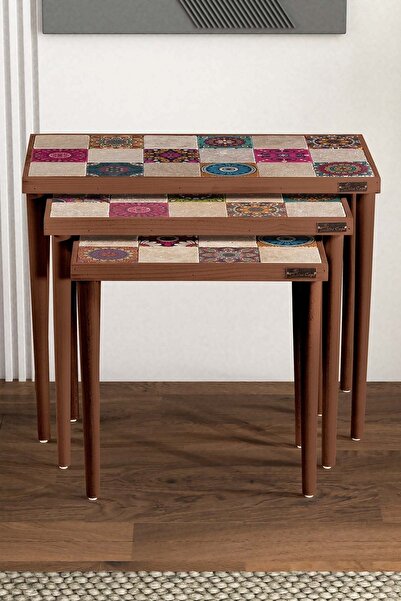 bluecape Traverten Taşlı Ceviz Doğal Ağaç 3'lü Zigon Sehpa