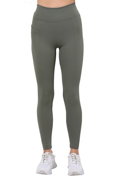 VOSSAX Khaki Ribbed High Waist Recovery Sports Interlock Knitted Tights with Pockets